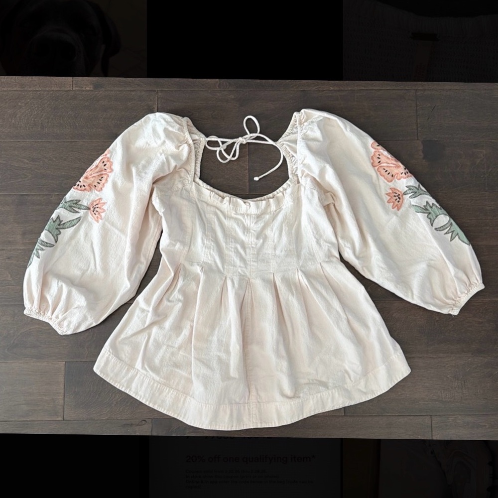 Free People light pink  Blouse with Pink and Green Embroidery